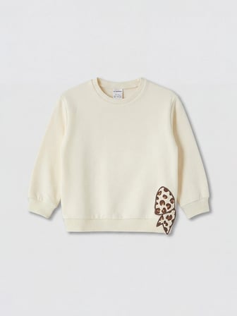 LCW baby Ekru Bisiklet Yaka Nakışlı Kız Bebek Sweatshirt