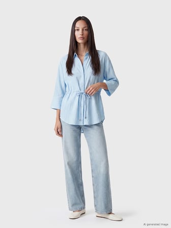 LCW EVERYDAY Mavi Çizgili Oversize Armürlü Kadın Gömlek