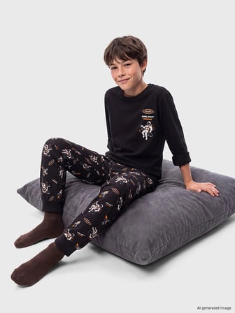 LCW Kids Siyah Bisiklet Yaka Baskılı Erkek Çocuk Pijama Takım