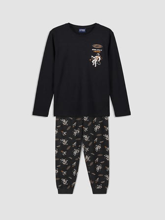 LCW Kids Siyah Bisiklet Yaka Baskılı Erkek Çocuk Pijama Takım