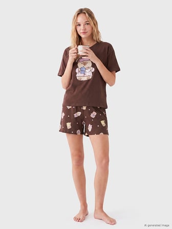 LCW Young Kahverengi Baskılı %100 Pamuklu Kadın Şortlu Pijama Takımı