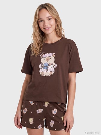 LCW Young Kahverengi Baskılı %100 Pamuklu Kadın Şortlu Pijama Takımı