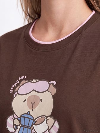 LCW Young Kahverengi Baskılı %100 Pamuklu Kadın Şortlu Pijama Takımı