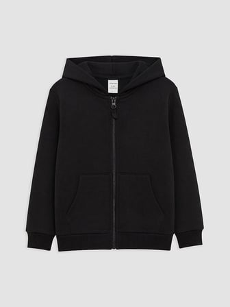 LCW Kids Siyah Kapüşonlu Kalın Erkek Çocuk Fermuarlı Sweatshirt