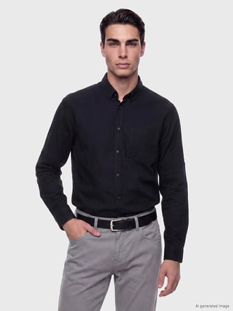 LCWAIKIKI Classic Siyah Regular Fit Keten Karışımlı Erkek Gömlek