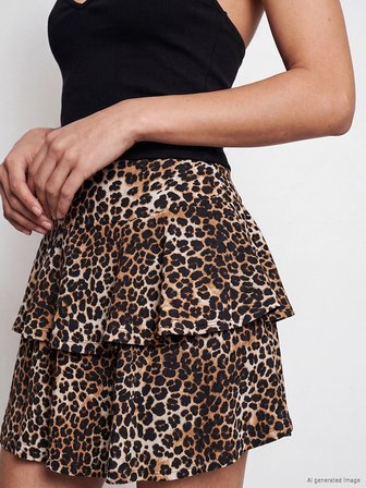 LCW Vision Siyah Leopar Desenli Katkat Mini Şortlu Etek