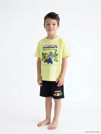 LCW Kids Yeşil Minecraft Baskılı Erkek Çocuk Şortlu Pijama Takımı
