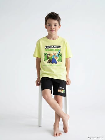 LCW Kids Yeşil Minecraft Baskılı Erkek Çocuk Şortlu Pijama Takımı