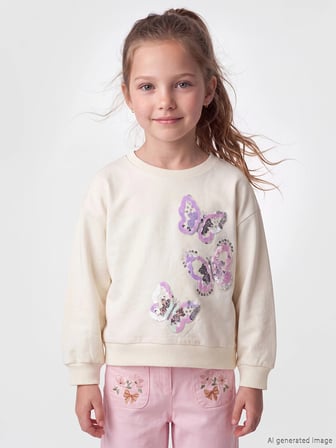 LCW Kids Ekru Bisiklet Yaka Payetli Kız Çocuk Sweatshirt