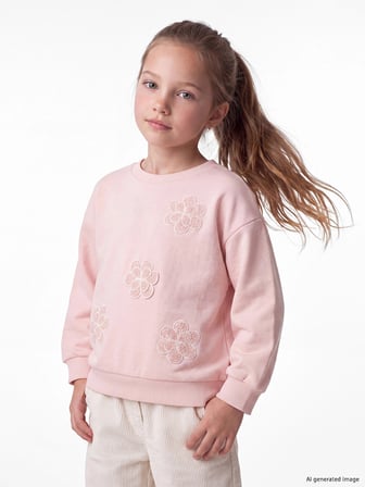 LCW Kids Pembe Bisiklet Yaka Nakışlı Kız Çocuk Sweatshirt