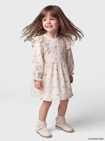 LCW baby Ekru Çiçekli Gabardin Kız Bebek Elbise