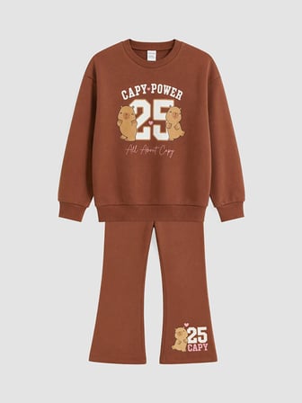 LCW Kids Kahverengi Baskılı Kız Çocuk Takım
