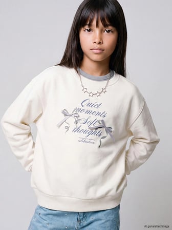 LC Waikiki Ekru Bisiklet Yaka Nakışlı Kız Çocuk Kalın Sweatshirt