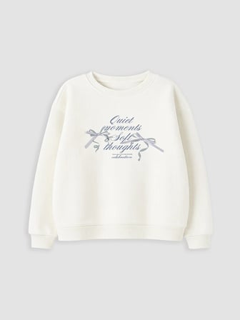 LC Waikiki Ekru Bisiklet Yaka Nakışlı Kız Çocuk Kalın Sweatshirt
