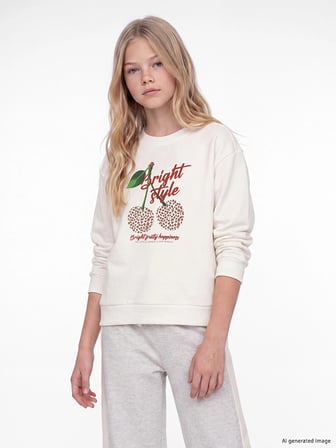 LCW Kids Ekru Bisiklet Yaka Baskılı Kız Çocuk 2'li Sweatshirt