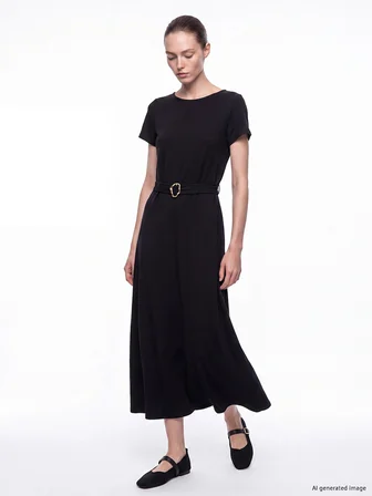 LCW Comfort Siyah Bisiklet Yaka Beli Kemerli Kloş Elbise