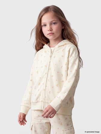 LCW Kids Ekru Kapüşonlu Çiçekli Kız Çocuk Fermuarlı Sweatshirt