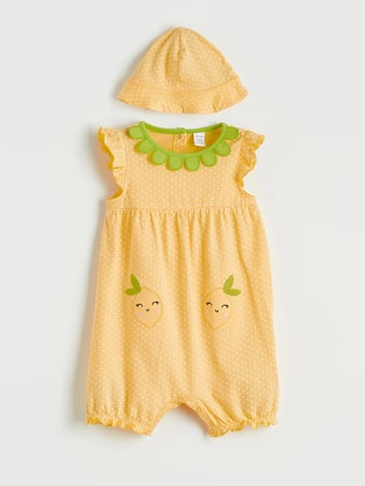 LCW baby Sarı Kız Bebek Nakışlı Penye Tulum ve Şapka