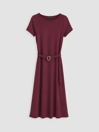 LCW Comfort Mürdüm Bisiklet Yaka Beli Kemerli Kloş Elbise