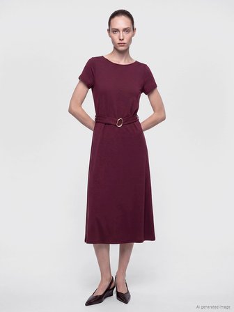 LCW Comfort Mürdüm Bisiklet Yaka Beli Kemerli Kloş Elbise
