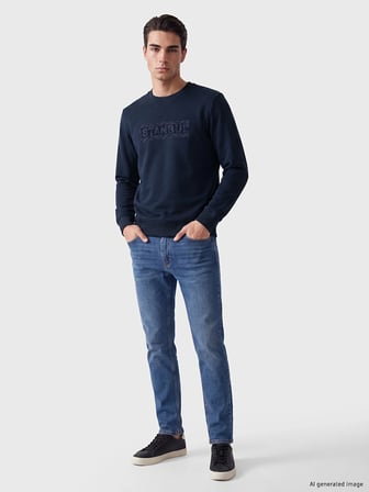 LCWAIKIKI Classic Lacivert Bisiklet Yaka Baskılı Erkek Kalın Sweatshirt