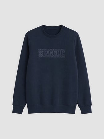 LCWAIKIKI Classic Lacivert Bisiklet Yaka Baskılı Erkek Kalın Sweatshirt