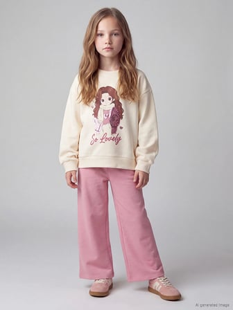 LCW Kids Ekru Baskılı Kız Çocuk Kalın Sweatshirt