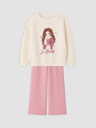 LCW Kids Ekru Baskılı Kız Çocuk Kalın Sweatshirt
