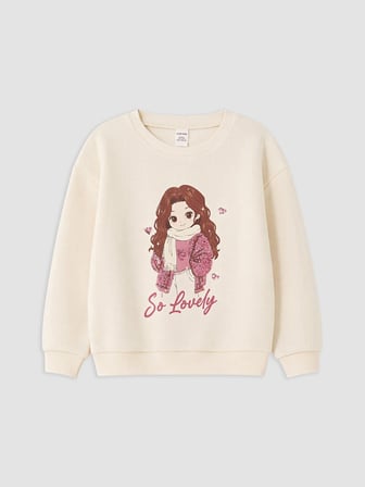 LCW Kids Ekru Baskılı Kız Çocuk Kalın Sweatshirt