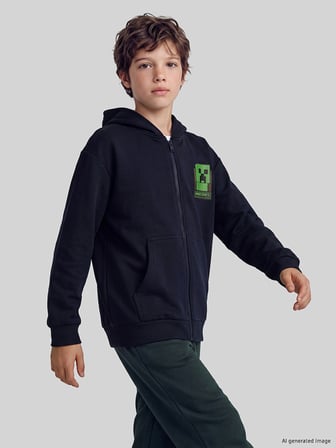 LCW Kids Lacivert Kapüşonlu Minecraft Erkek Çocuk Fermuarlı Sweatshirt