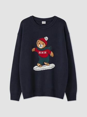 LCW Kids Lacivert Ayı Teddy Desenli Erkek Çocuk Triko Kazak