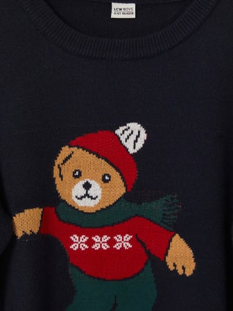 LCW Kids Lacivert Ayı Teddy Desenli Erkek Çocuk Triko Kazak