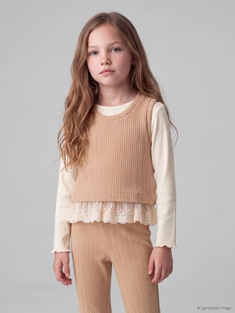 LCW Kids Bej Bisiklet Yaka Kız Çocuk Takım