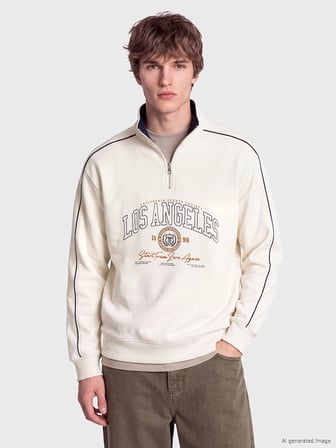 XSIDE Bej Dik Yaka Baskılı Erkek Sweatshirt