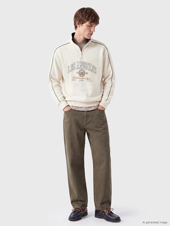 XSIDE Bej Dik Yaka Baskılı Erkek Sweatshirt