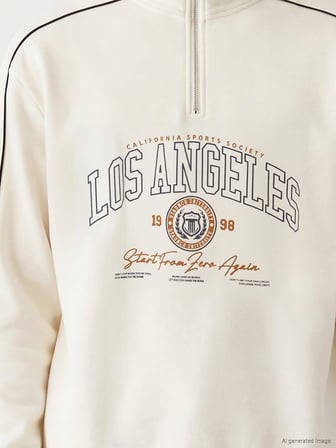 XSIDE Bej Dik Yaka Baskılı Erkek Sweatshirt