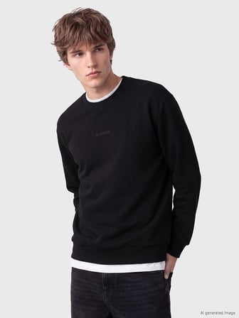 XSIDE Siyah Bisiklet Yaka Baskılı Erkek Sweatshirt