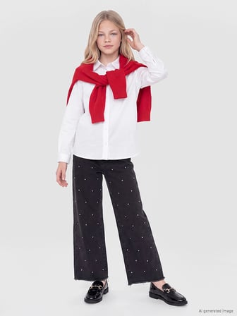 LCW Kids Siyah Wideleg Puantiyeli Kız Çocuk Jean Pantolon