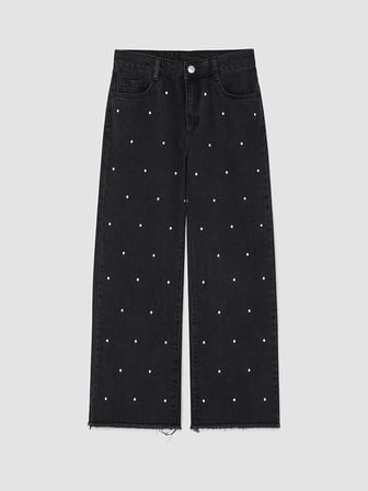 LCW Kids Siyah Wideleg Puantiyeli Kız Çocuk Jean Pantolon