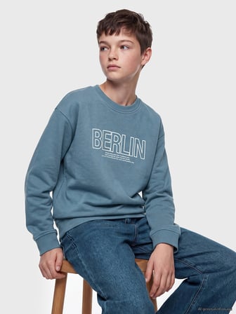 LCW Kids Mavi Bisiklet Yaka Berlin Baskılı Erkek Çocuk Sweatshirt