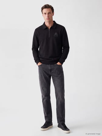 LCWAIKIKI Classic Siyah Polo Yaka Baskılı Erkek Kalın Sweatshirt