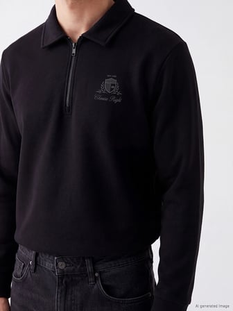 LCWAIKIKI Classic Siyah Polo Yaka Baskılı Erkek Kalın Sweatshirt