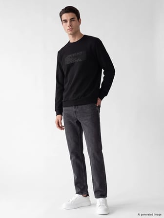 LCWAIKIKI Classic Siyah Bisiklet Yaka Baskılı Kalın Erkek Sweatshirt