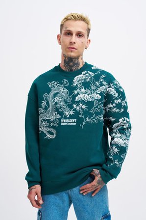 Erkek Dragon Printed Sweatshirt Yağ Yeşili