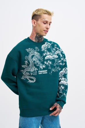 Erkek Dragon Printed Sweatshirt Yağ Yeşili