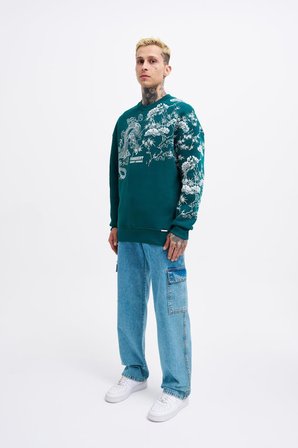 Erkek Dragon Printed Sweatshirt Yağ Yeşili