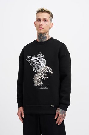 Erkek Floral Bird Sweatshirt Siyah
