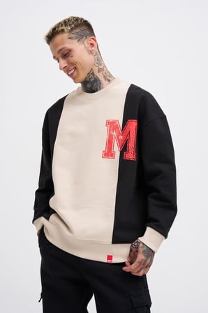 Erkek M Logo Patchwork Sweatshirt Açık Bej-Siyah