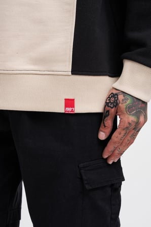 Erkek M Logo Patchwork Sweatshirt Açık Bej-Siyah
