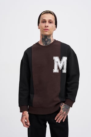 Erkek M Logo Patchwork Sweatshirt Kahverengi-Siyah
